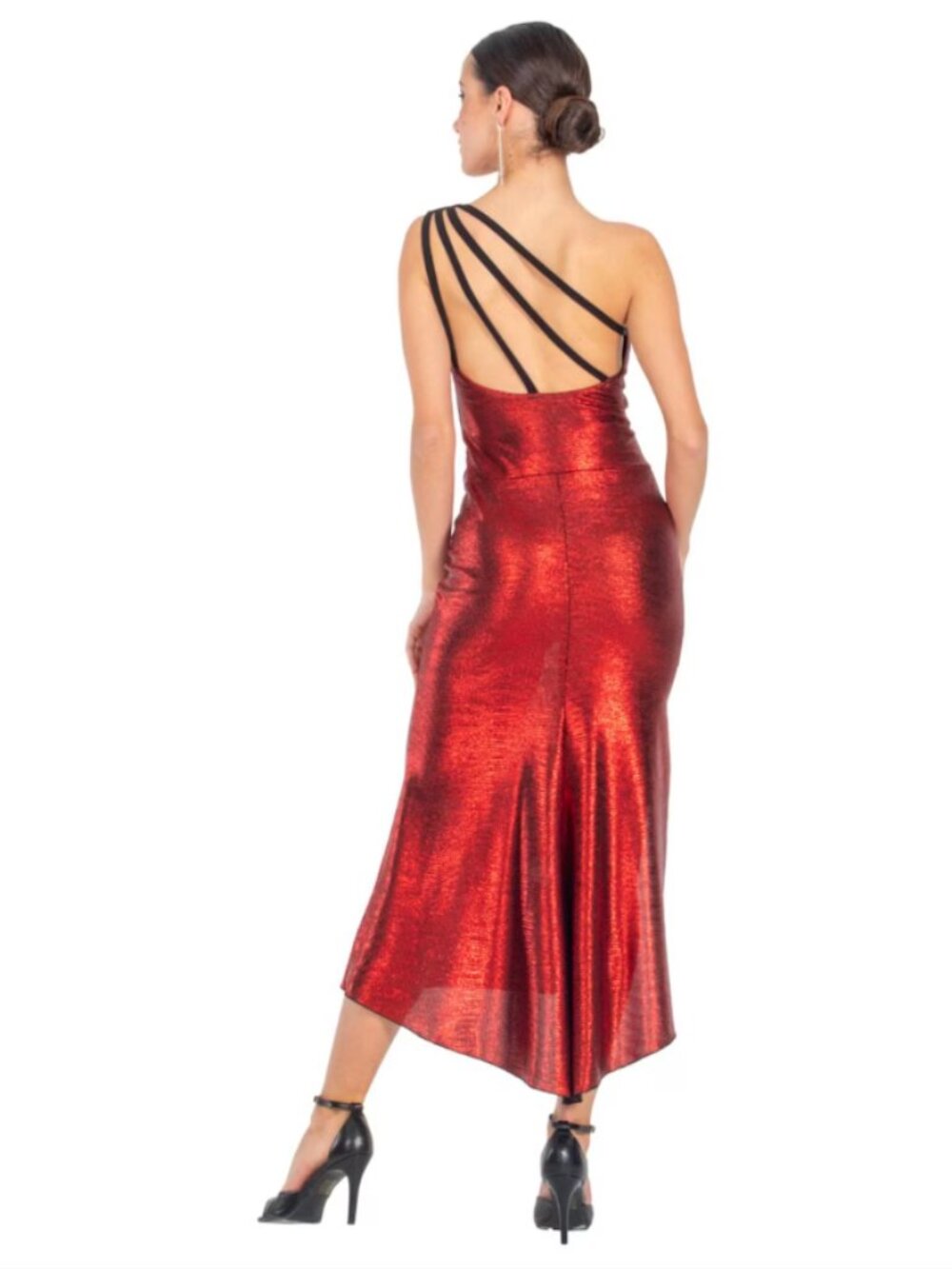 Red Metallic Tango Dress / Open-Back Midi with Slit (XS – Petite) / Prom dress